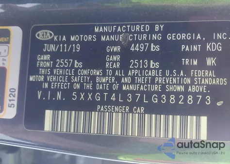 2020 Kia Optima Lx z USA, uszkodzony, nr VIN 5XXGT4L37LG382873